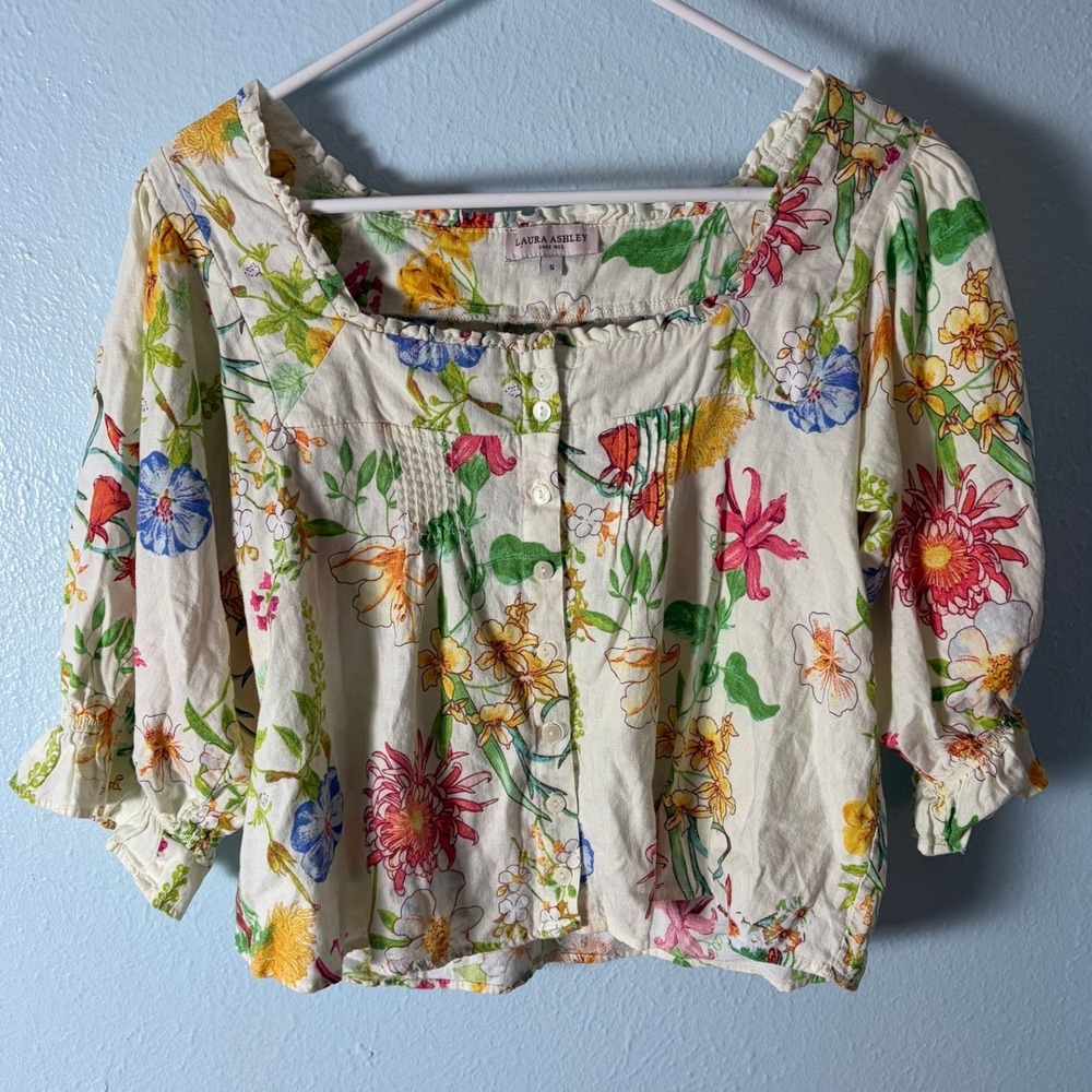 Laura Ashley Floral Linen Blend Puff Sleeve Square Neck Blouse S Cottagecore